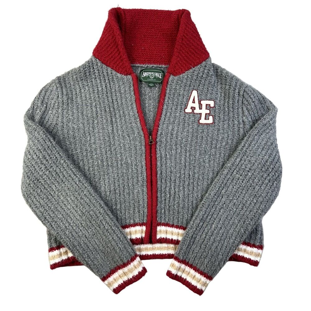 American Eagle Full Zip Knit Sweater Cardigan Women L Grey Red White Tan Shawl